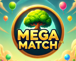 Mega Match™ game logo — a golden ring around a green tree, with balloons